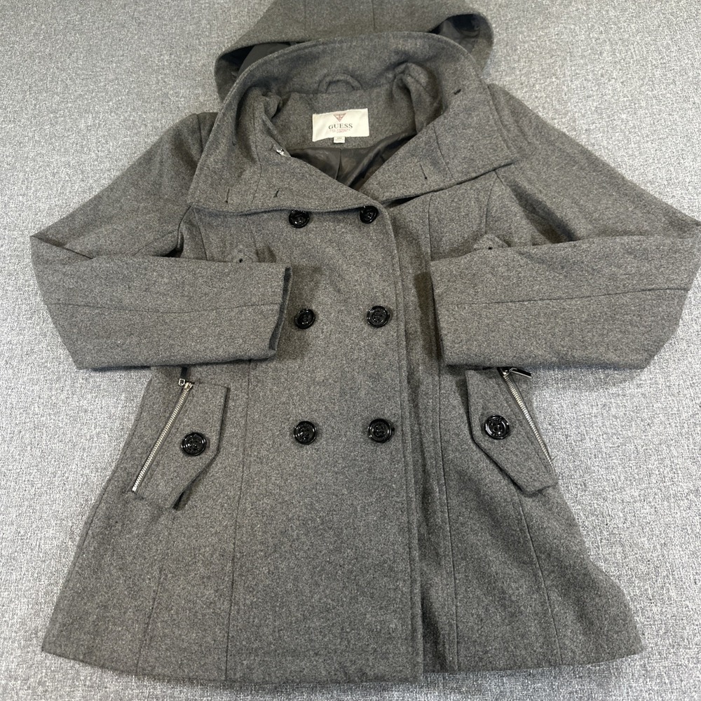 Guess Womens Peacoat Medium Gray Wool Blend‎ Hooded Double Breasted Coat